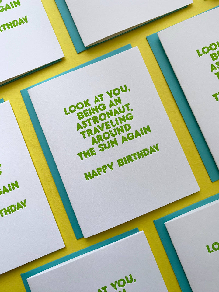 ASTRONAUT BIRTHDAY TRAVELING AROUND THE SUN - greeting card