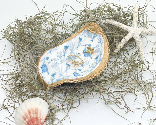 Chinoiserie Blue Heron Oyster Trinket Dish