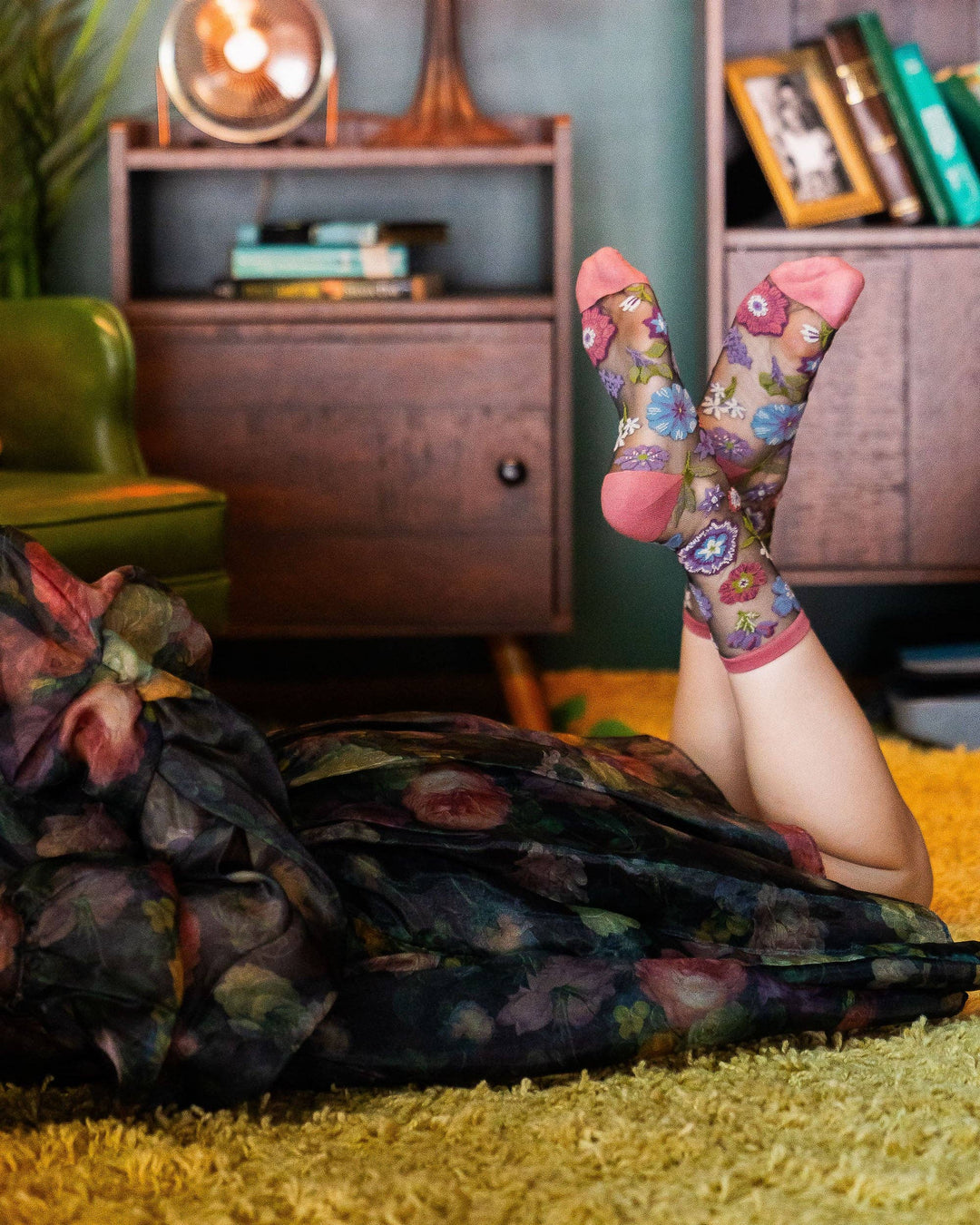 Dark Florals Black Sheer Crew Sock: Size I: Fits US W5.5-9.5
