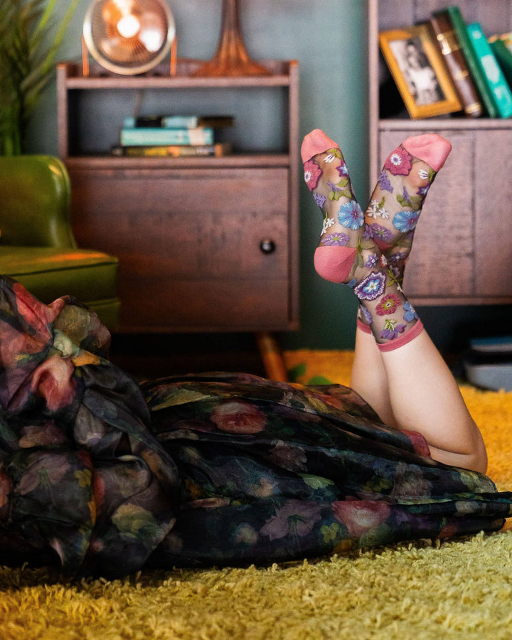 Dark Florals Black Sheer Crew Sock: Size I: Fits US W5.5-9.5