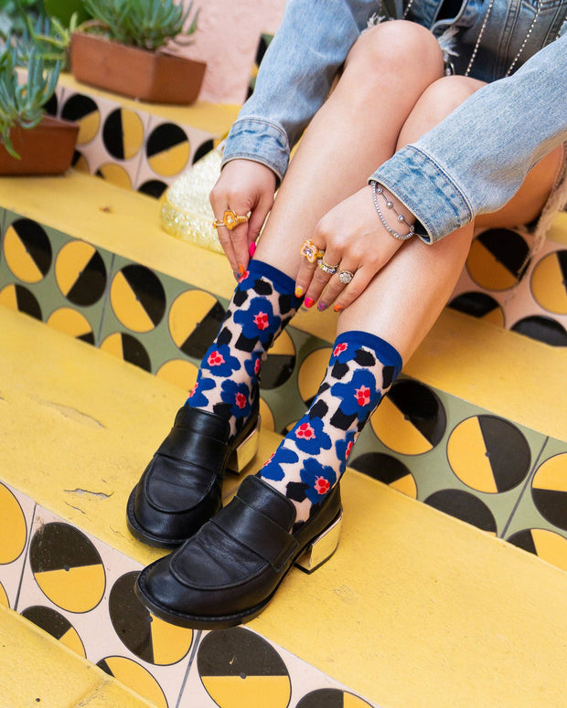 Bold Blue Floral Sheer Crew Sock