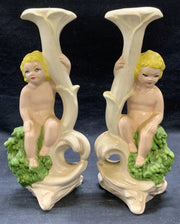 Pair Vintage Ceramic Putti Figural Candle Holders