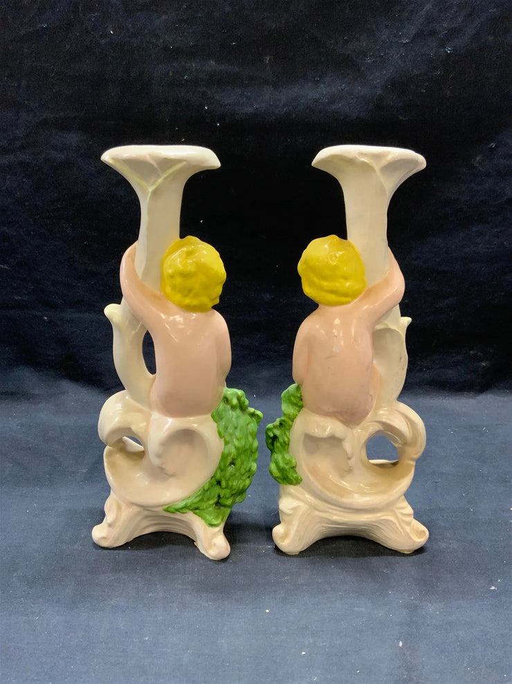 Pair Vintage Ceramic Putti Figural Candle Holders