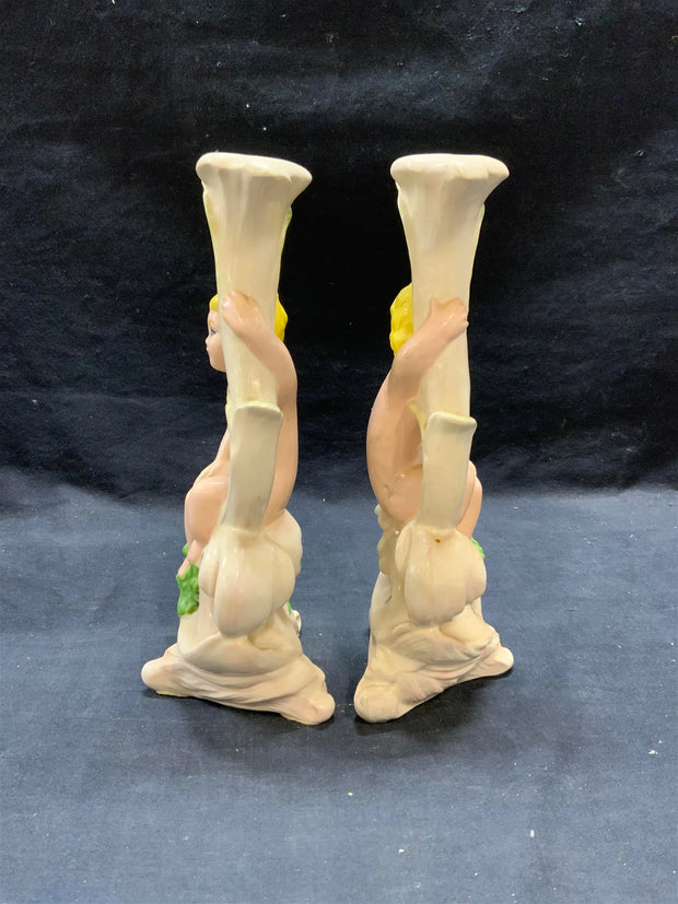 Pair Vintage Ceramic Putti Figural Candle Holders