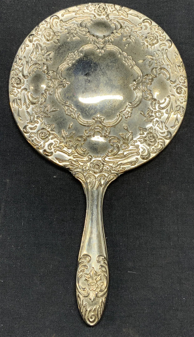 Vintage Silver Tone Repousse Hand Mirror