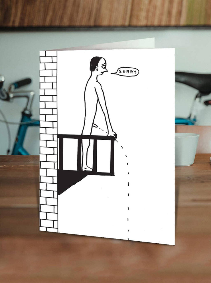 Funny David Shrigley Greetings Card - Sorry Wee Off Balcony