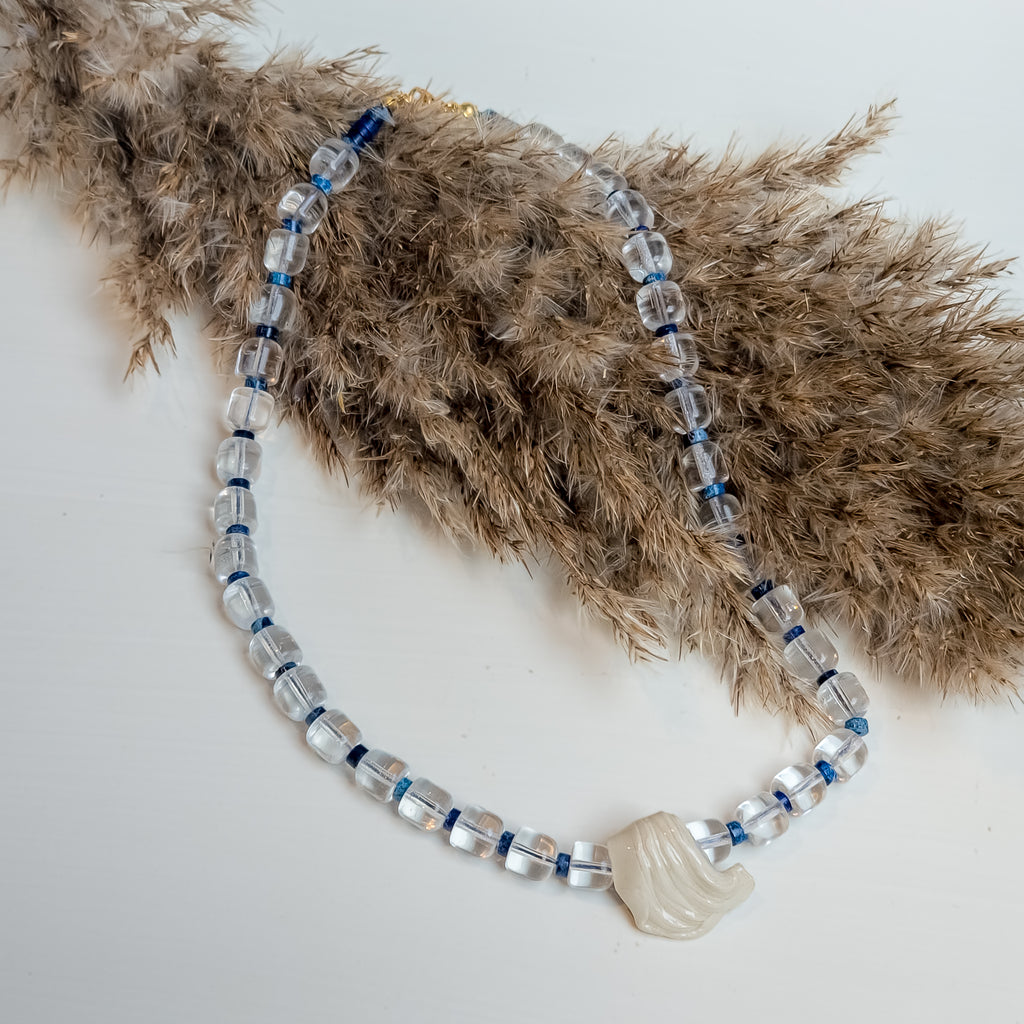 Glass & Vintage Bead Necklace w Shell Charm