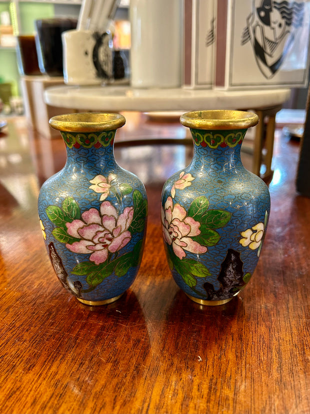 Vintage Blue Floral Cloisonne Vases (Pair)