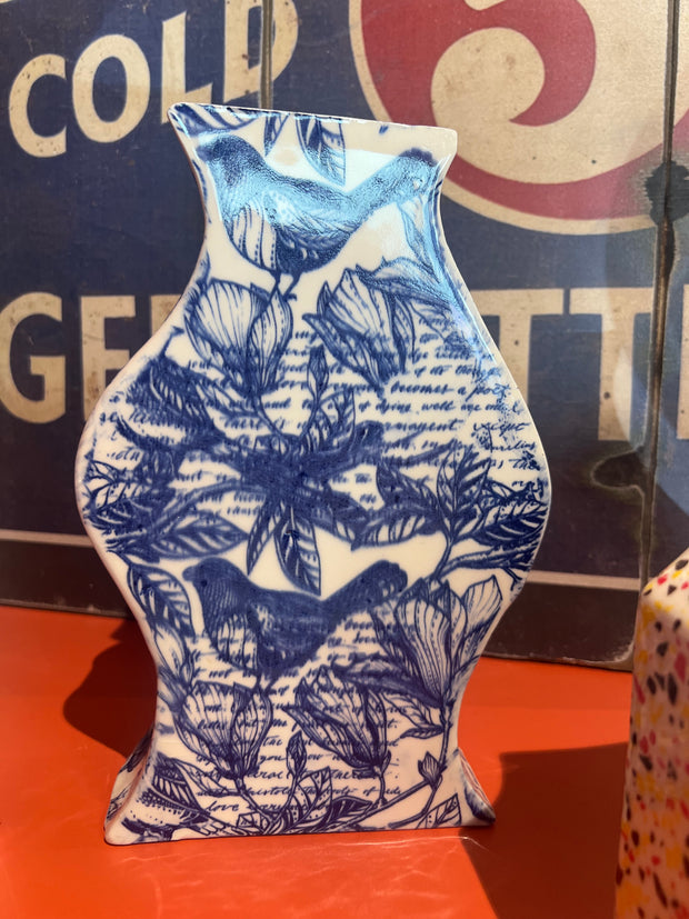 Blue and White Birds Vase with script