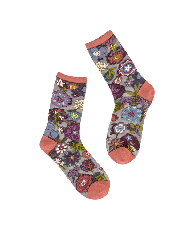 NEW FW25 STYLE: Dark Florals Black Sheer Crew Sock