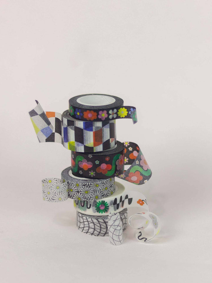 Grid Noir Black and White Wavy Grid Washi Tape – 15mm