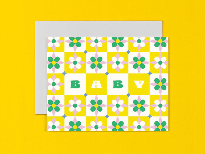 Baby Tiles • Flower Pattern New Baby Card: Yellow/Green