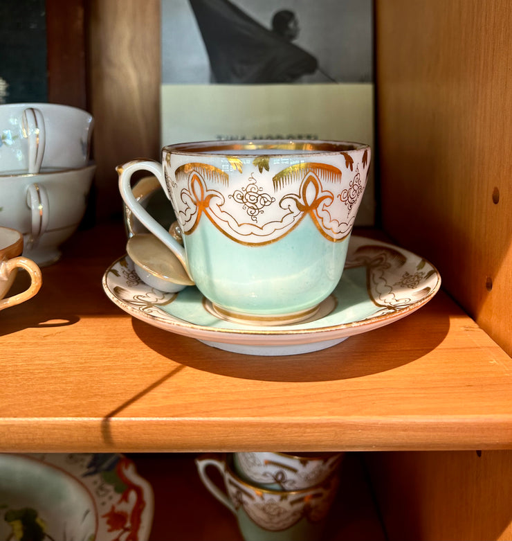 Vintage Gold and Light Torquoise Teacups & Saucer