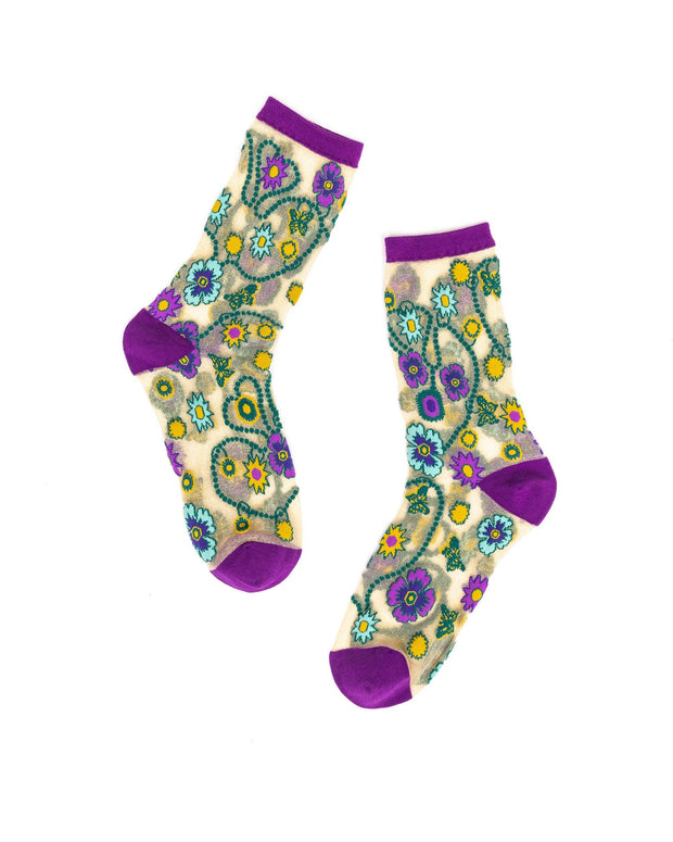 NEW FW25 STYLE: Jeweled Floral Gold Shimmer Sheer Crew Sock