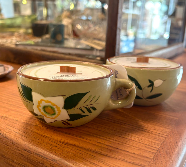 Green Ceramic Flower Motif Teacup