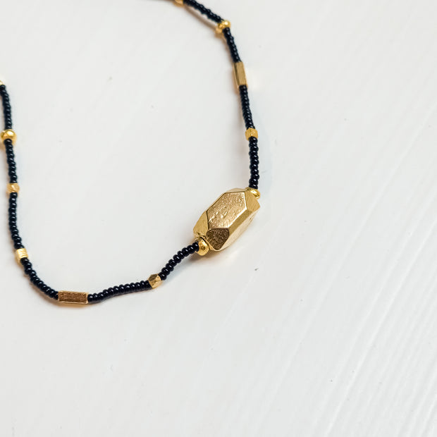 Black Glass Seed & Gold Vermeil Bead Necklace