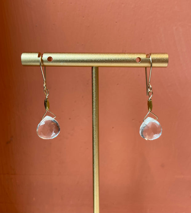 Clear quartz drop with gold vermeil beads on gold fill wire earring