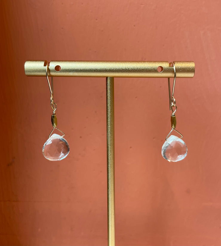 Clear quartz drop with gold vermeil beads on gold fill wire earring