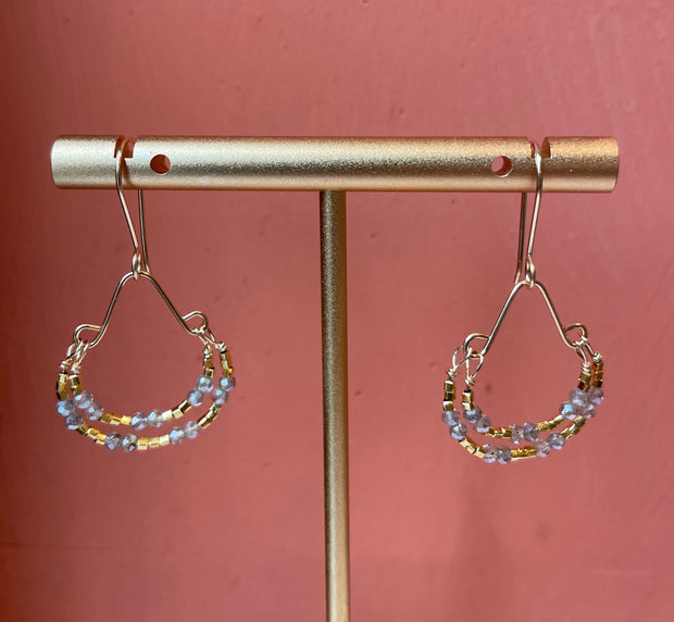 Mystic labradorite and gold vermeil on gold filled wire double hoop earrings