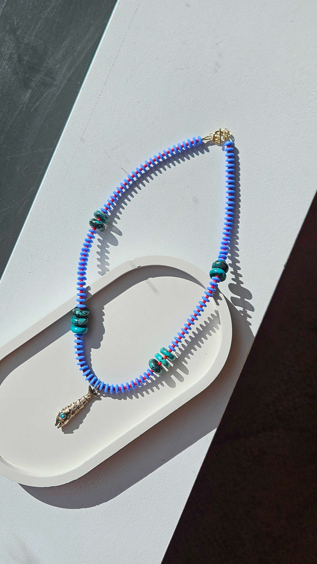 Vintage Sterling Silver Fish & Turquoise Beads Charm Necklace no.5