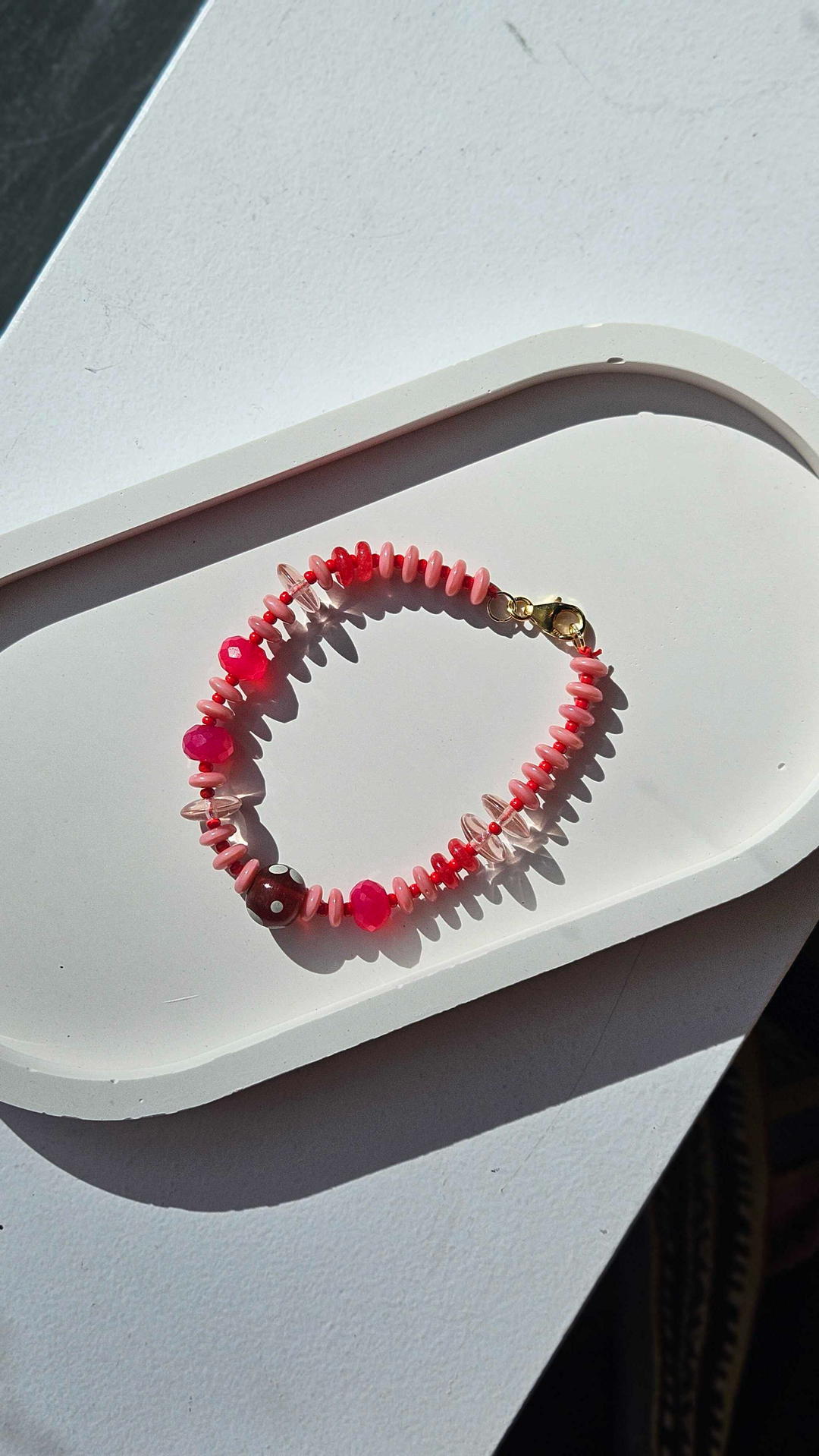 Pink Seeds with Red Glass Polka Dot Bead Bracelet no.19