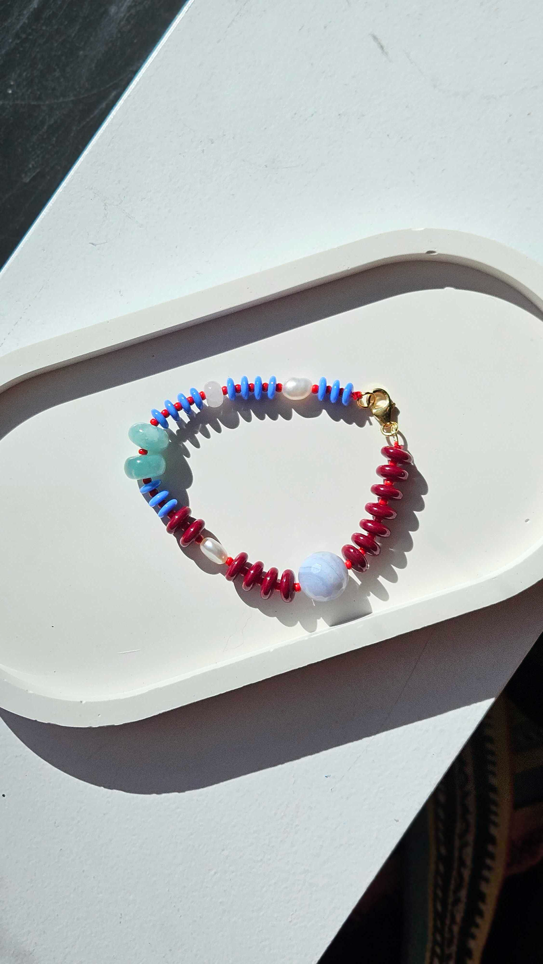 Dark Red & Blue Seeds with Moonstone Bracelet no.17