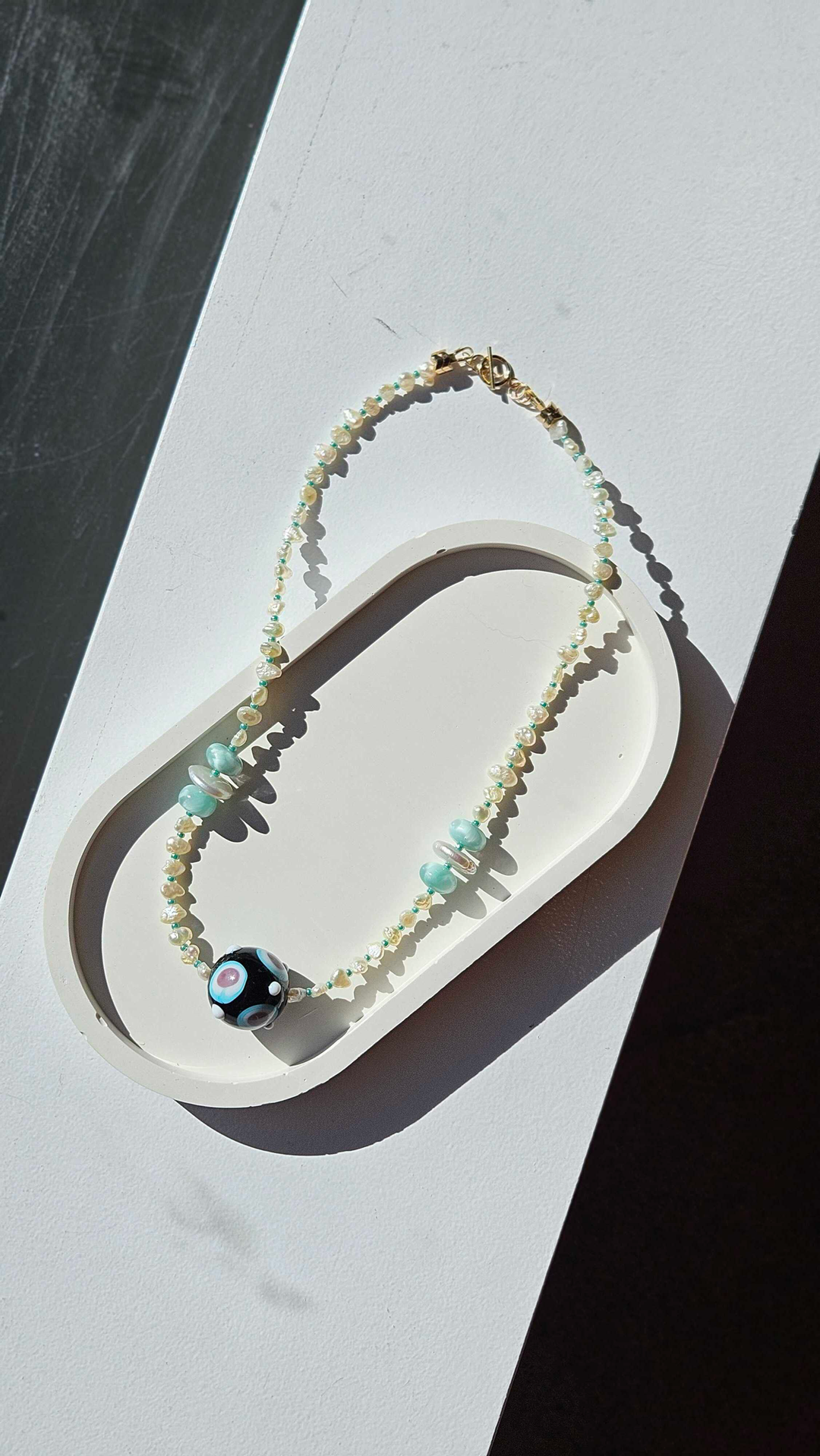 Black Evil Eye Murano Glass & Moonstone Necklace no.16