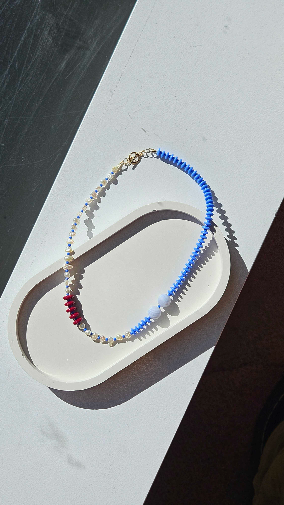 Light Blue & Vintage Japanese Rice Pearl Necklace no.13