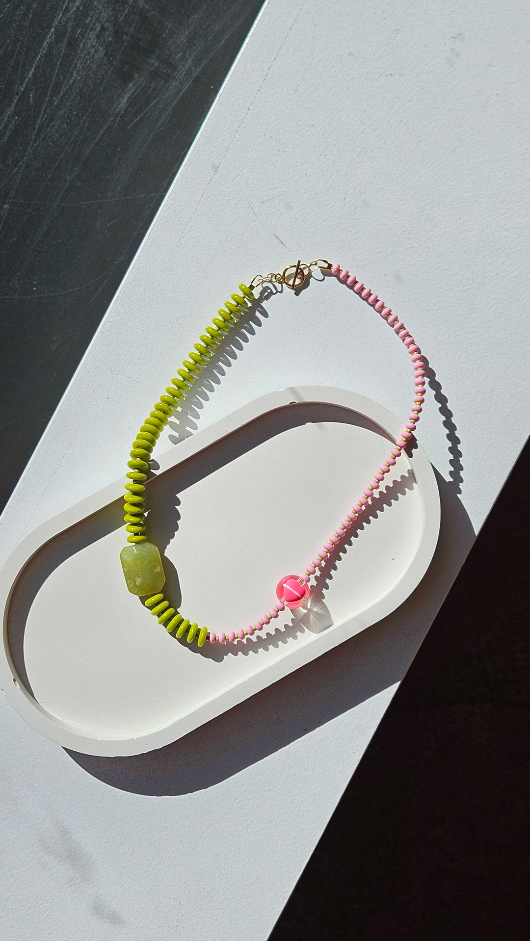Pale Pink & Lime Green with Heart Accent Bead Necklace no.10