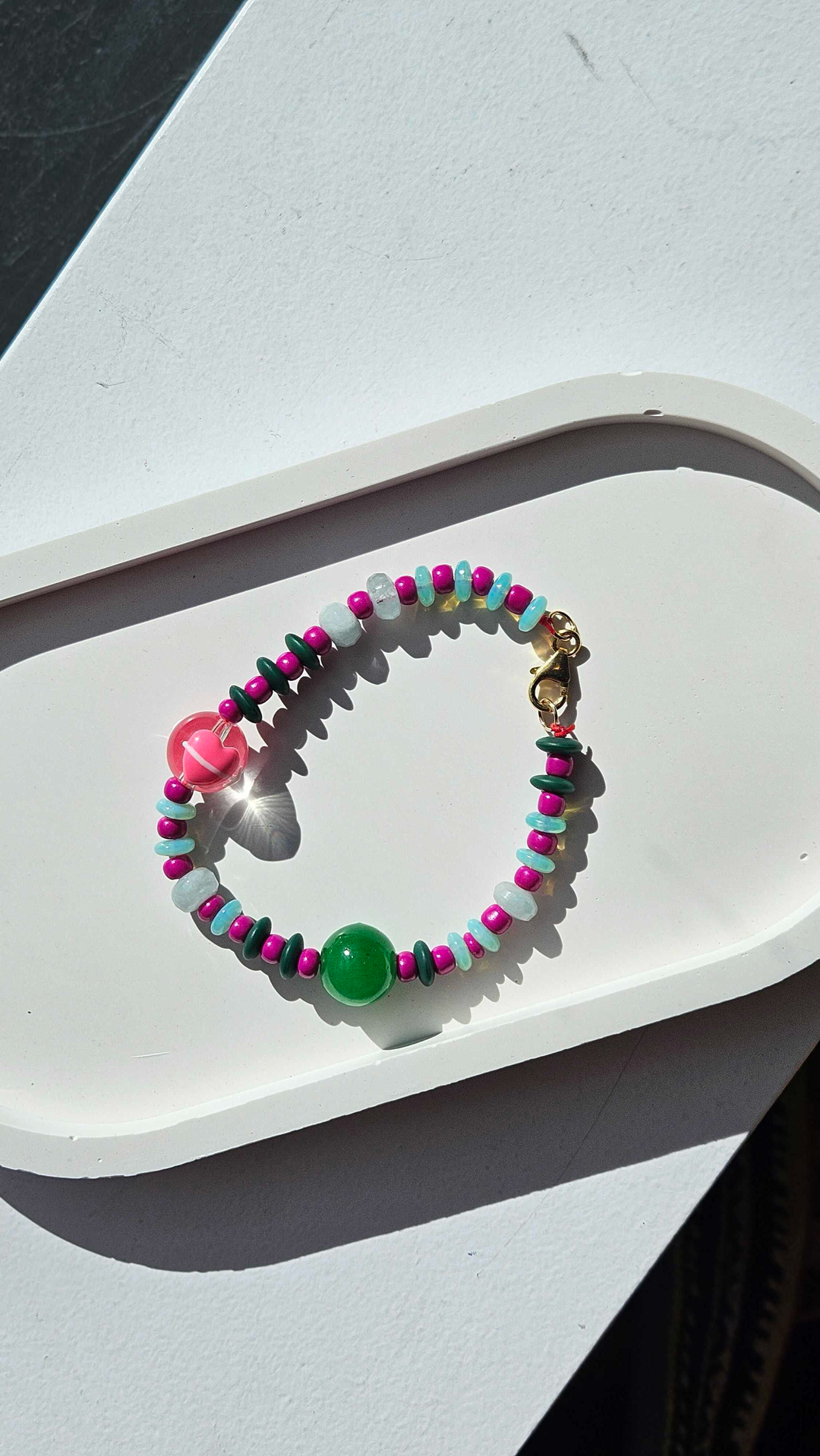 Aqua & Green Seed with Glass Heart Bead Bracelet