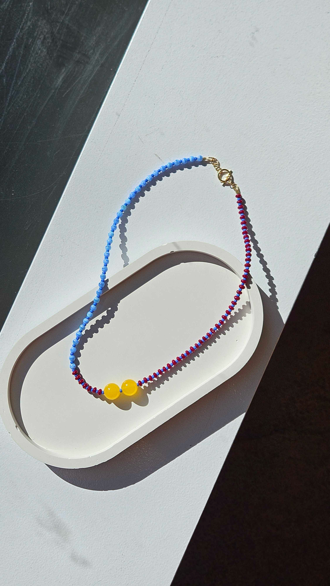 Light Blue & Maroon Seed with Yellow Gemstone Accent Beads Necklace no.11