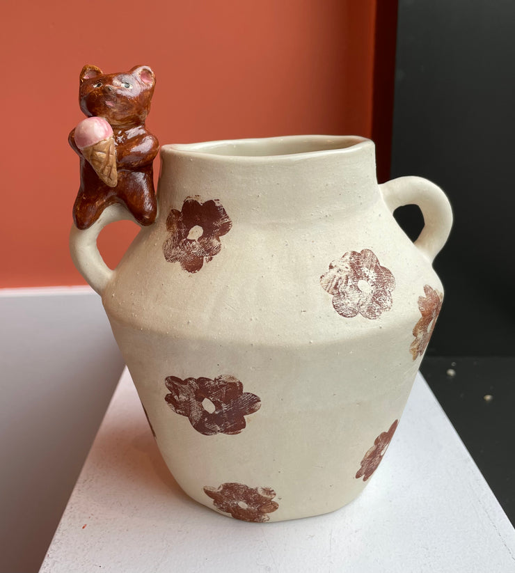 Floral Vase with Brown Bear