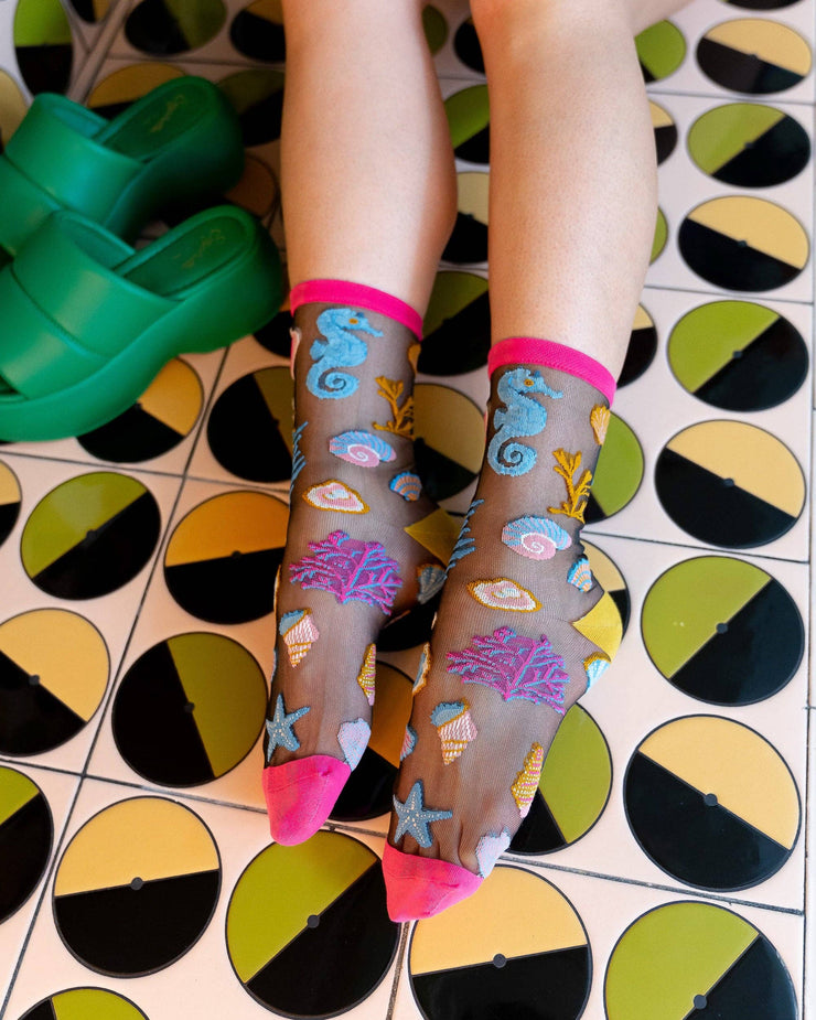 Under the Sea Black Sheer Crew Sock