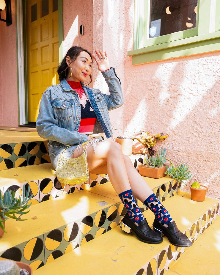 Bold Blue Floral Sheer Crew Sock