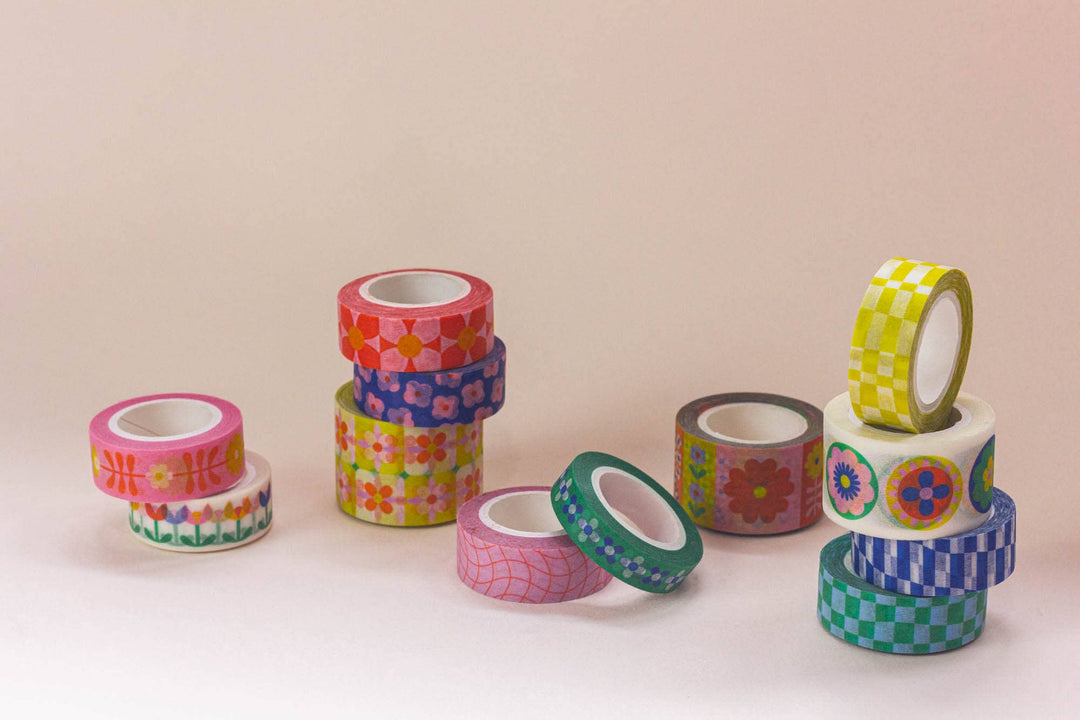 Folk Fleurs 25mm • Retro Flowers Wide Washi Tape