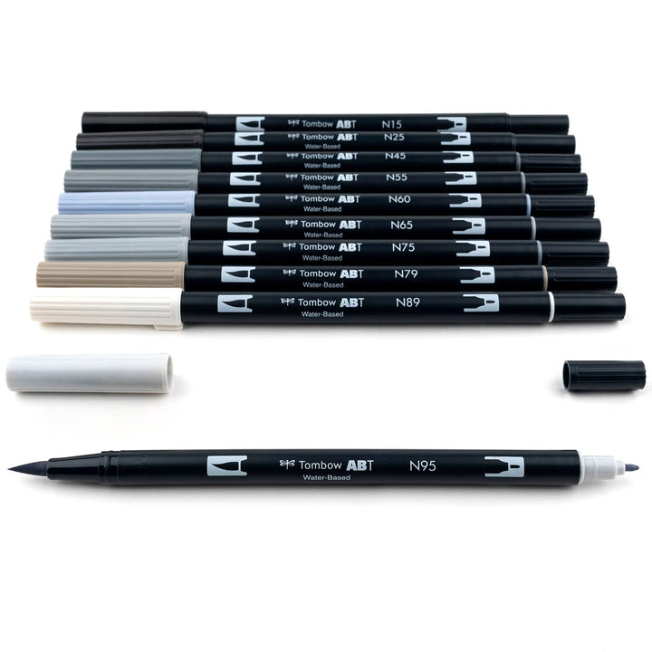 Dual Brush Pen Art Markers: Grayscale - 10-Pack