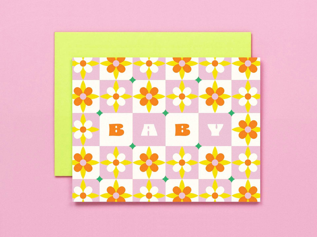 Baby Tiles • Flower Pattern New Baby Card: Yellow/Green