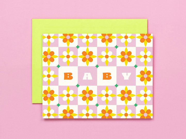 Baby Tiles • Flower Pattern New Baby Card: Yellow/Green