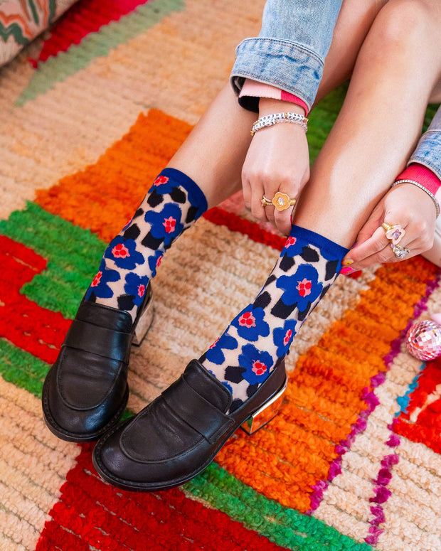 Bold Blue Floral Sheer Crew Sock