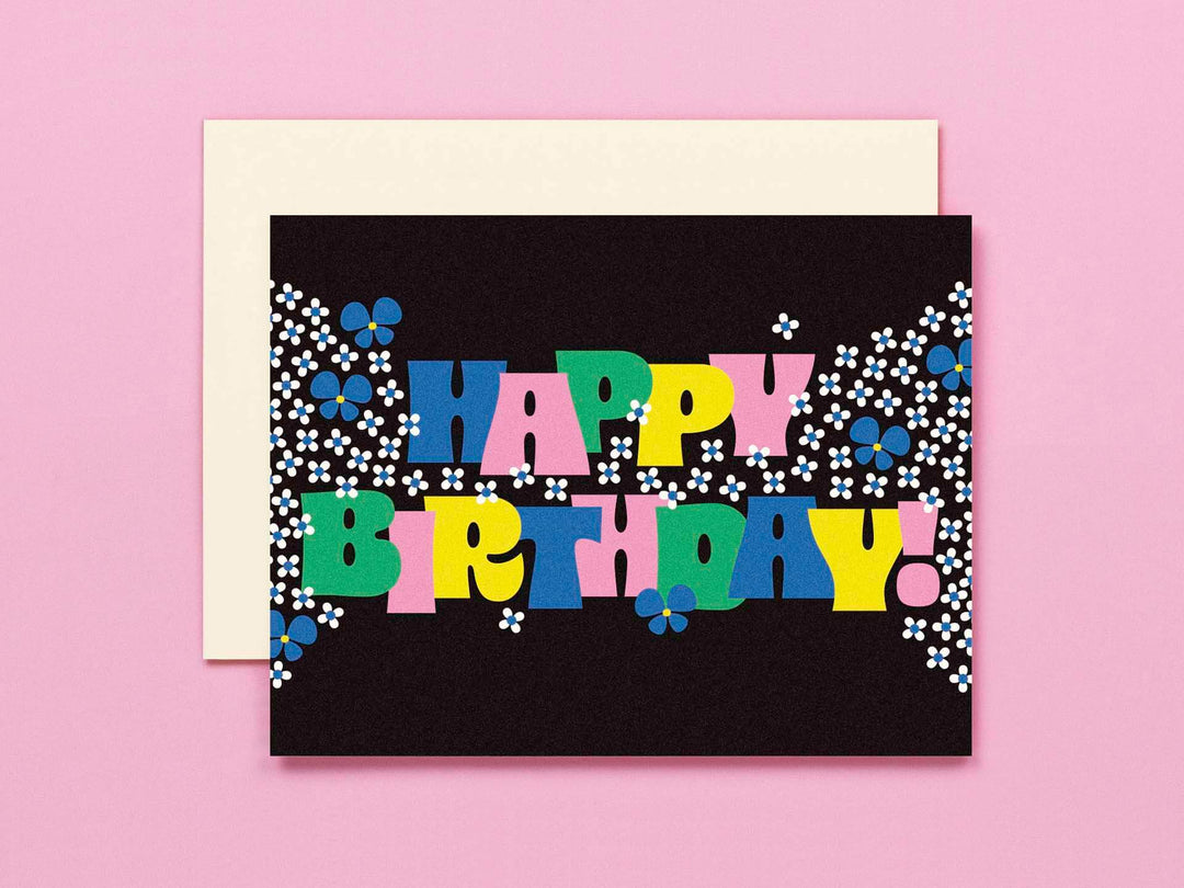 Birthday Garden • Typographic Retro Flowers Birthday Card
