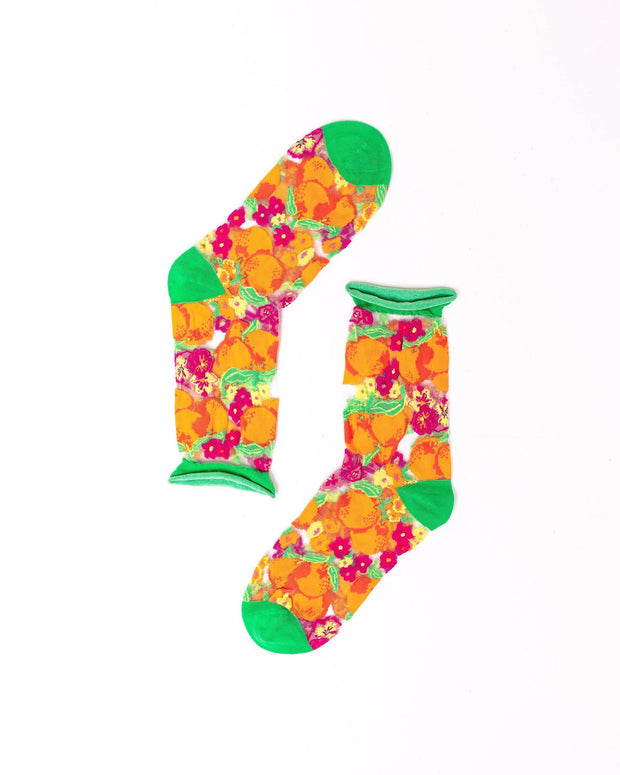 Orange Floral Sheer Crew Sock