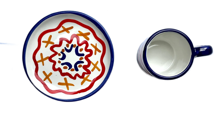 Blue & Red X Ceramic Coffee Cup & Saucer