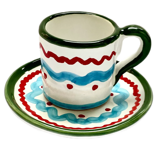 Green & Light Blue Squiggle Ceramic Coffee Cup & Saucer