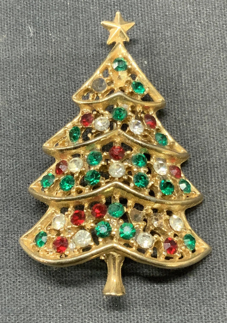 Gold Tone Crystal Christmas Tree Brooch