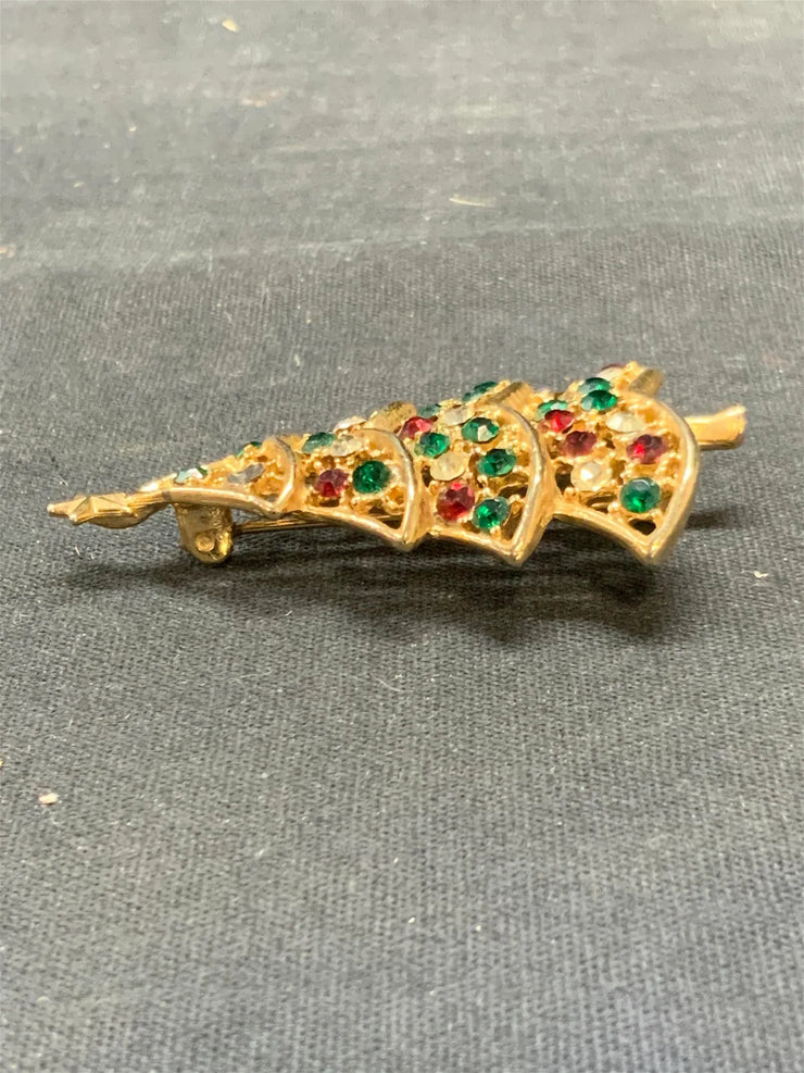 Gold Tone Crystal Christmas Tree Brooch