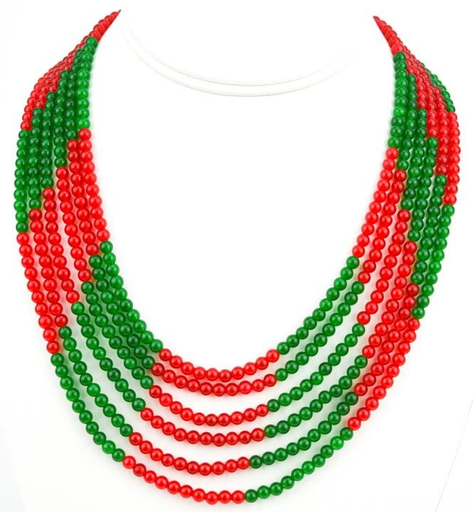 Six Strand Green & Red Jade Necklace