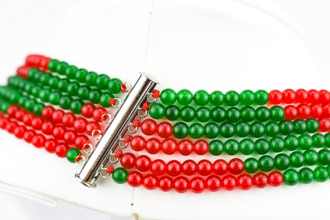 Six Strand Green & Red Jade Necklace