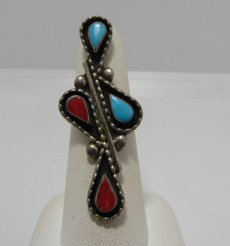 LONG 2" SIGNED CORAL TURQUOISE STERLING RING