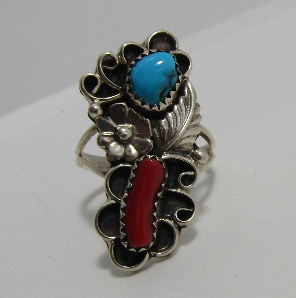 SIGNED M CORAL TURQUOISE STERLING FLOWER RING