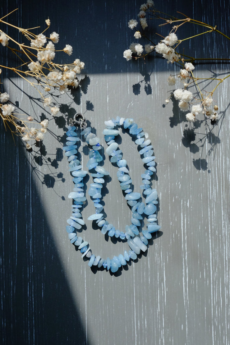 Aquamarine Chip Silk-Knotted Choker